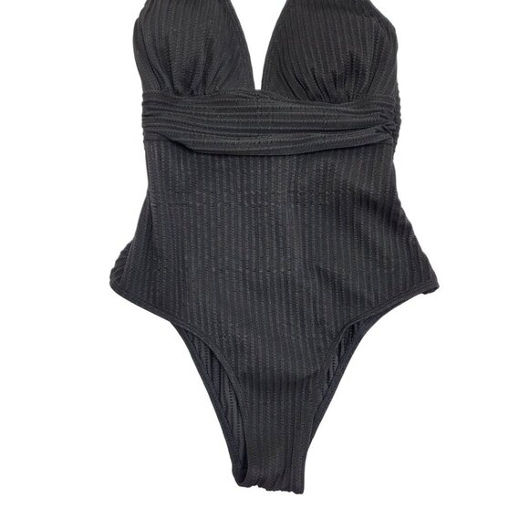 Black Ribbed One-Piece Swimsuit  Plunge Neckline Waist Detail Cupshe  Size S - Picture 5 of 9